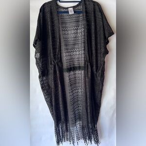 Black Open‎ Knit Crochet Kimono Duster Fringed Open Front Cardigan size 2X